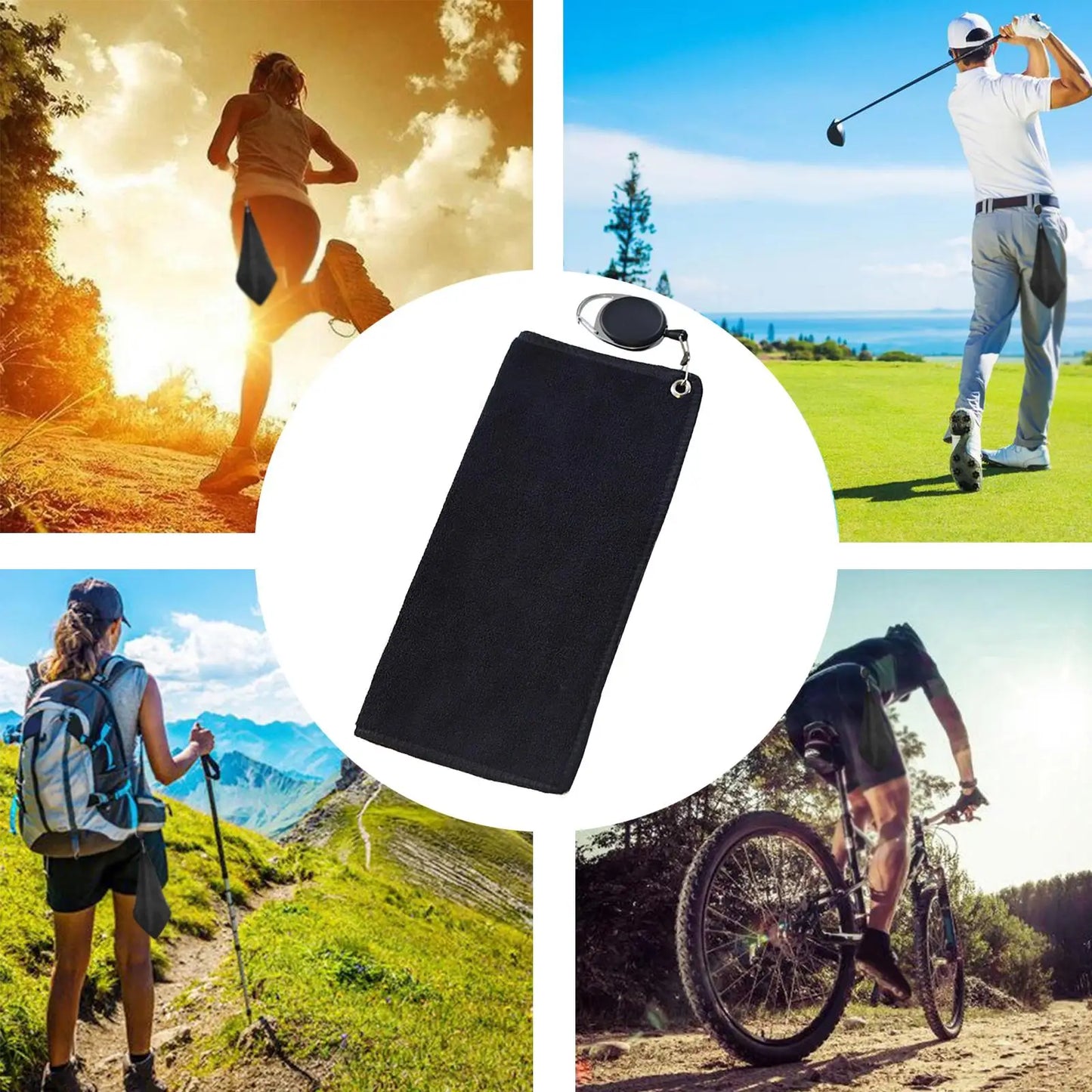 Double sided portable microfiber golf towel.